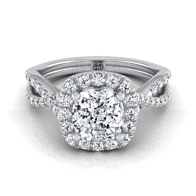 diamond rings with intricate settings for brides -18K White Gold Cushion Diamond  Twisted Scalloped Pavé Halo Center Engagement Ring -1/2ctw