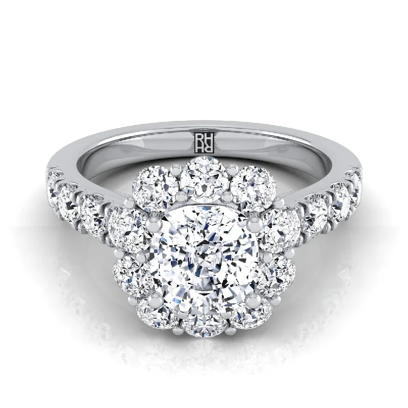 platinum engagement rings with intricate designs -18K White Gold Cushion Diamond Luxe Style French Pave Halo Engagement Ring -1-1/10ctw