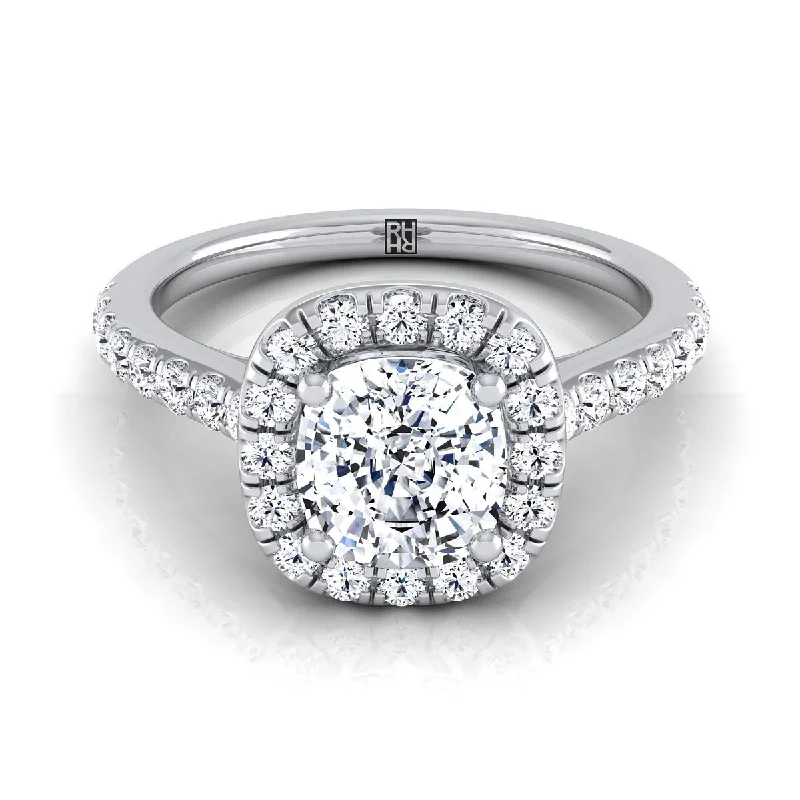 classic rings with diamond accents for wedding days -18K White Gold Cushion Diamond Classic Pave Halo Cathedral Style Engagement Ring -1/2ctw