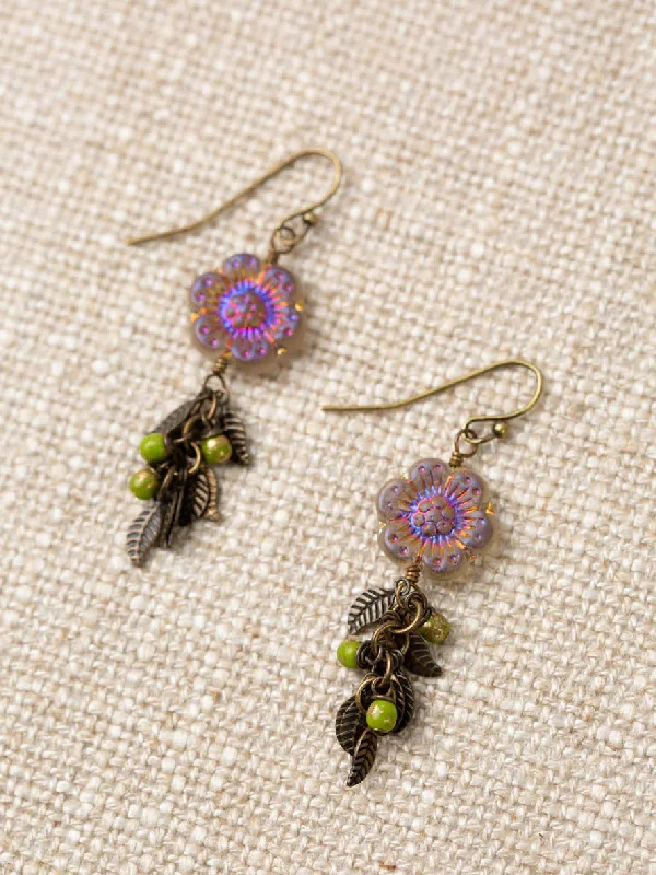 luxury diamond earrings for bridal wear-Czech Glass Flower & Leaves Dangles by Anne Vaughan