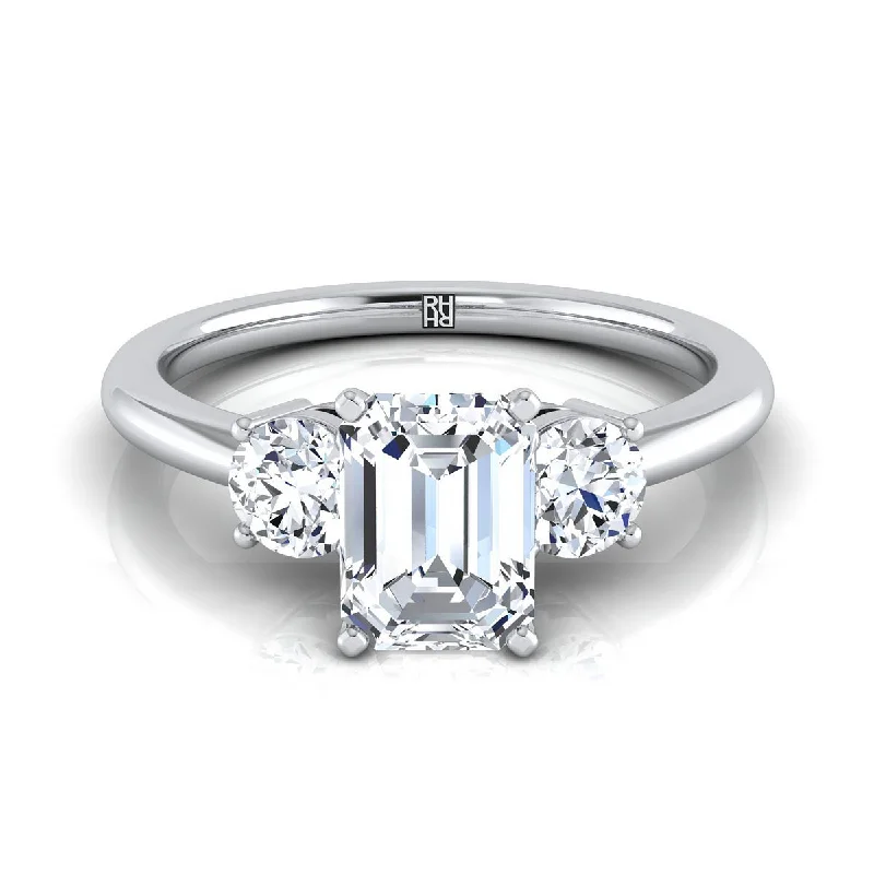 custom-designed rings for brides with multi-stone settings -18K White Gold Emerald Cut Diamond Perfectly Matched Round Three Stone Diamond Engagement Ring -1/4ctw