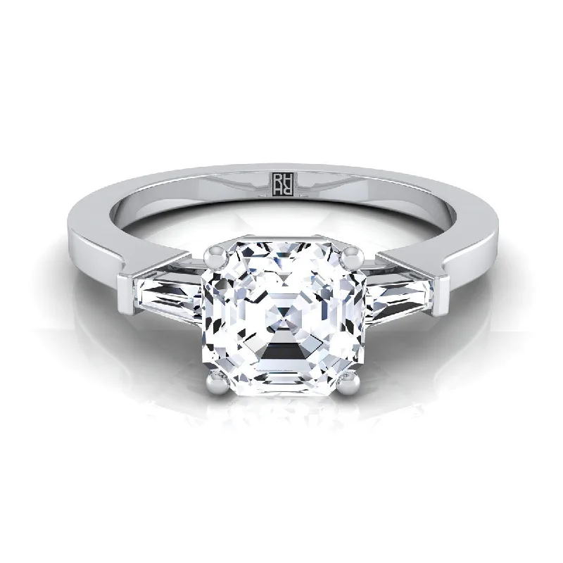 platinum wedding rings for couples with diamond details -18K White Gold Asscher Cut Diamond Tapered Baguette Accent Engagement Ring -1/4ctw