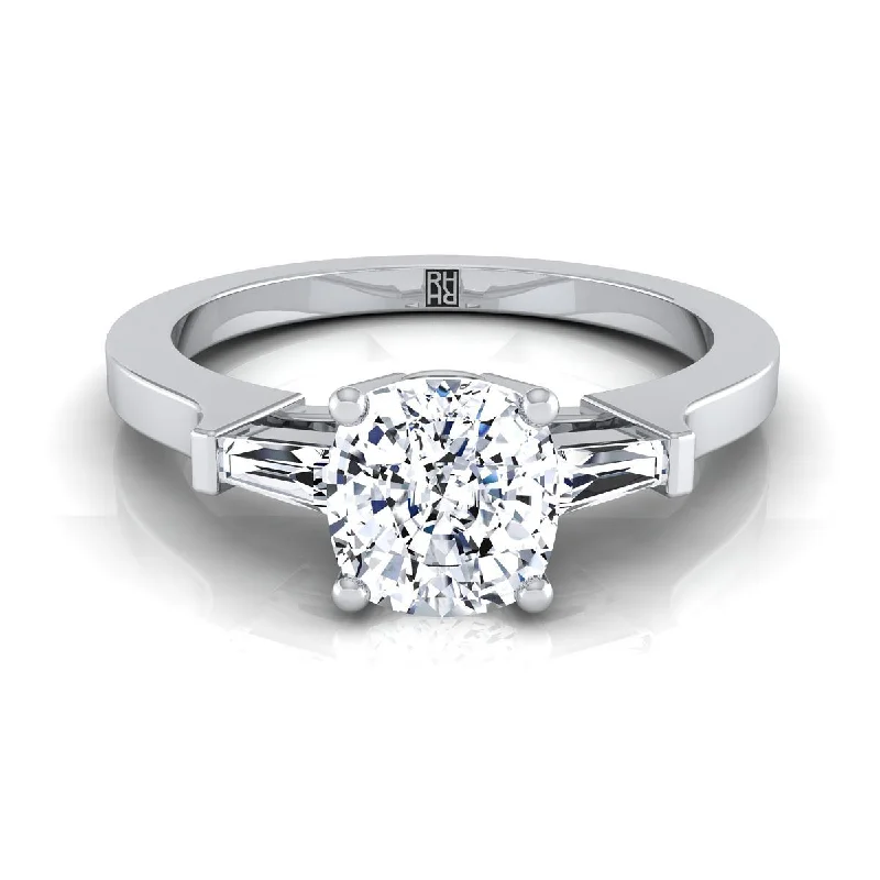 affordable wedding rings with elegant diamond settings -18K White Gold Cushion Diamond Tapered Baguette Accent Engagement Ring -1/4ctw