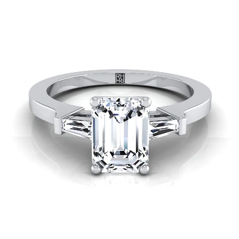 stackable engagement rings for brides with diamond inlays -18K White Gold Emerald Cut Diamond Tapered Baguette Accent Engagement Ring -1/4ctw