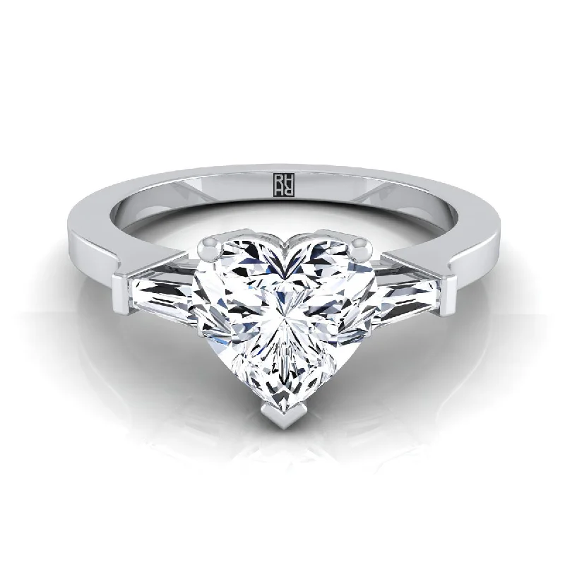 custom wedding rings with polished metal and gemstone details -18K White Gold Heart Shape Center Diamond Tapered Baguette Accent Engagement Ring -1/4ctw