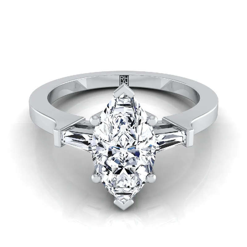 vintage-style engagement rings with detailed metalwork -18K White Gold Marquise  Diamond Tapered Baguette Accent Engagement Ring -1/4ctw