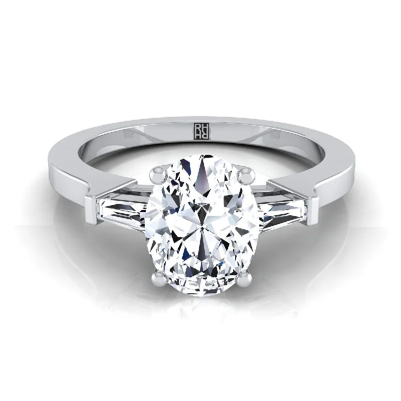 men’s rings with sapphire stones for unique flair -18K White Gold Oval Diamond Tapered Baguette Accent Engagement Ring -1/4ctw