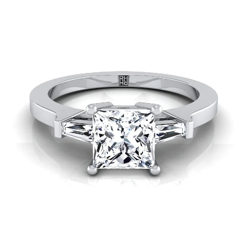 men’s wedding rings with brushed metal finishes -18K White Gold Princess Cut Diamond Tapered Baguette Accent Engagement Ring -1/4ctw