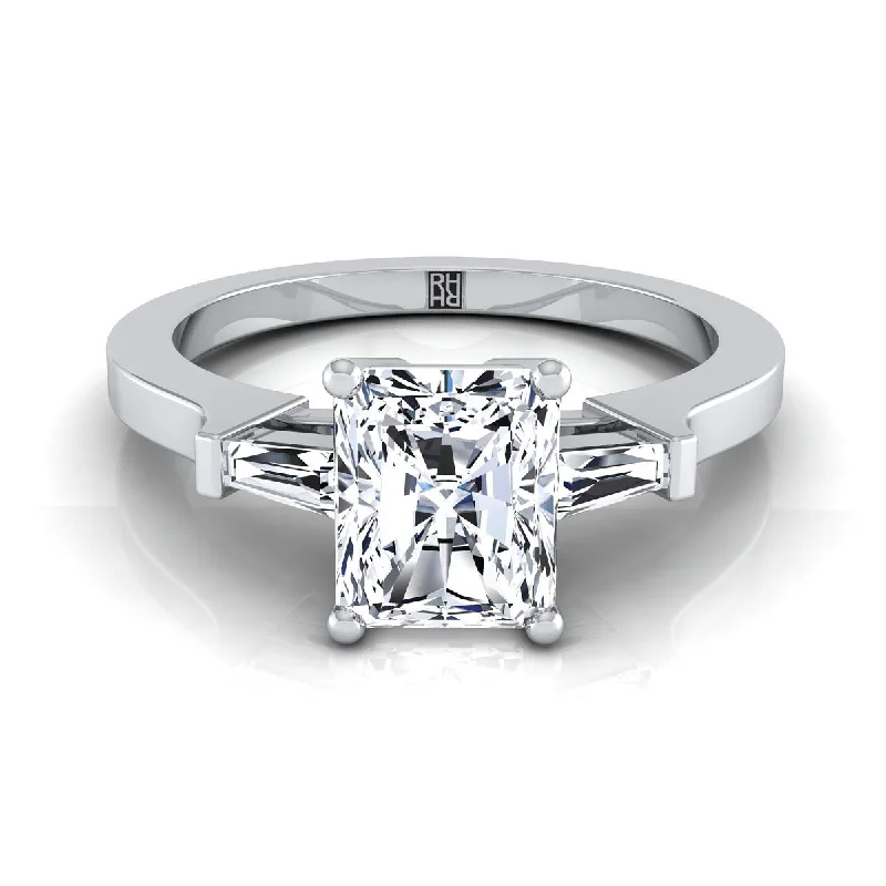 luxury engagement rings with oval-cut diamonds for sophistication -18K White Gold Radiant Cut Center Diamond Tapered Baguette Accent Engagement Ring -1/4ctw