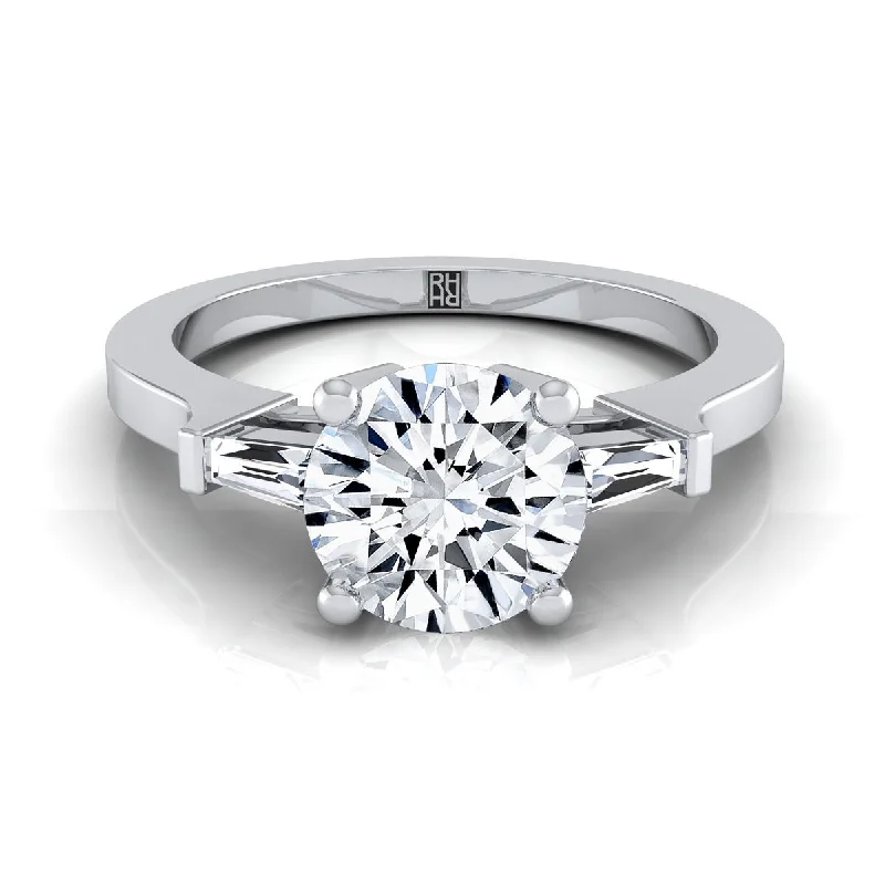 affordable engagement rings for brides with diamond accents -18K White Gold Round Brilliant Diamond Tapered Baguette Accent Engagement Ring -1/4ctw