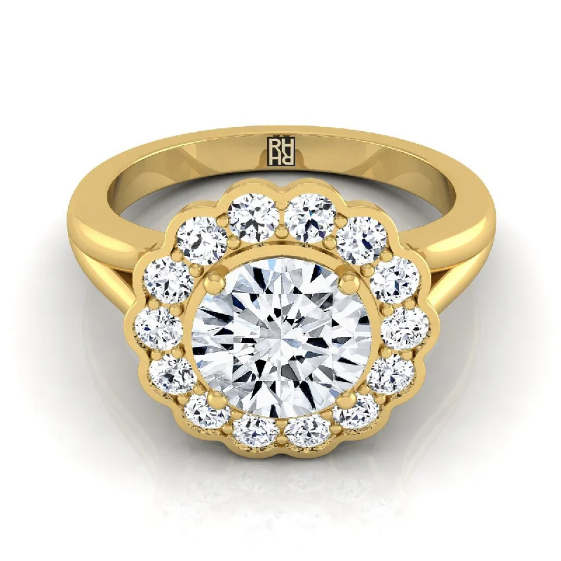 luxurious promise rings for special occasions -18K Yellow Gold Round Brilliant Floral Diamond Halo Simple Split Shank -3/8ctw