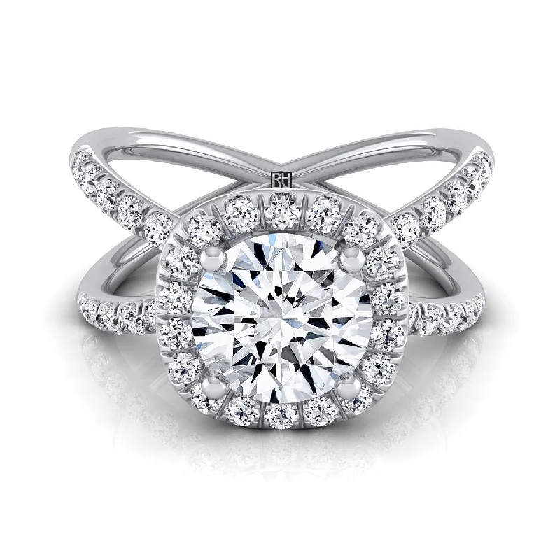 trendy rings for brides with unique gemstone accents -18K White Gold Round Brilliant Diamond Open Criss Cross French Pave Engagement Ring -1/2ctw