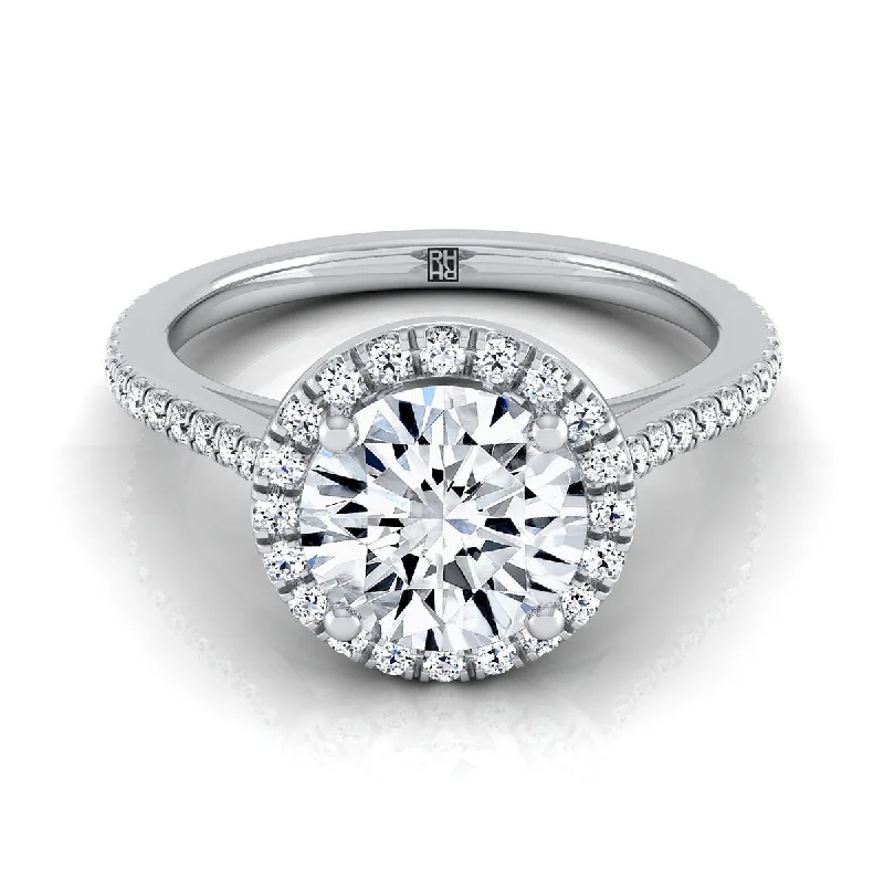 custom-designed rings for engagement with diamond solitaires -18K White Gold Round Brilliant Classic French Pave Halo and Linear Engagement Ring -1/4ctw