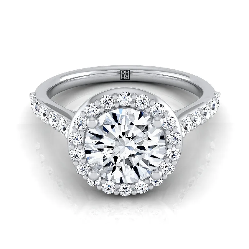 luxury wedding rings with halo diamond settings -18K White Gold Round Brilliant Diamond Shared Prong Halo with French Pave Engagement Ring -1/2ctw