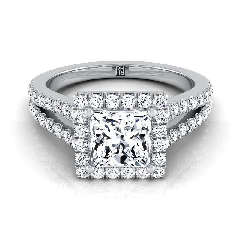 elegant wedding rings with matching diamond bands -18K White Gold Princess Cut Split Shank and Diamond Pave Halo Engagement Ring -1/2ctw