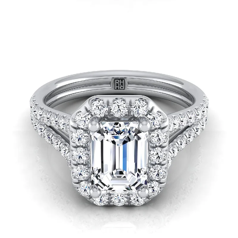 men’s rings with minimalist designs for modern style -18K White Gold Emerald Cut Diamond French Pave Split Shank Halo Engagement Ring -5/8ctw