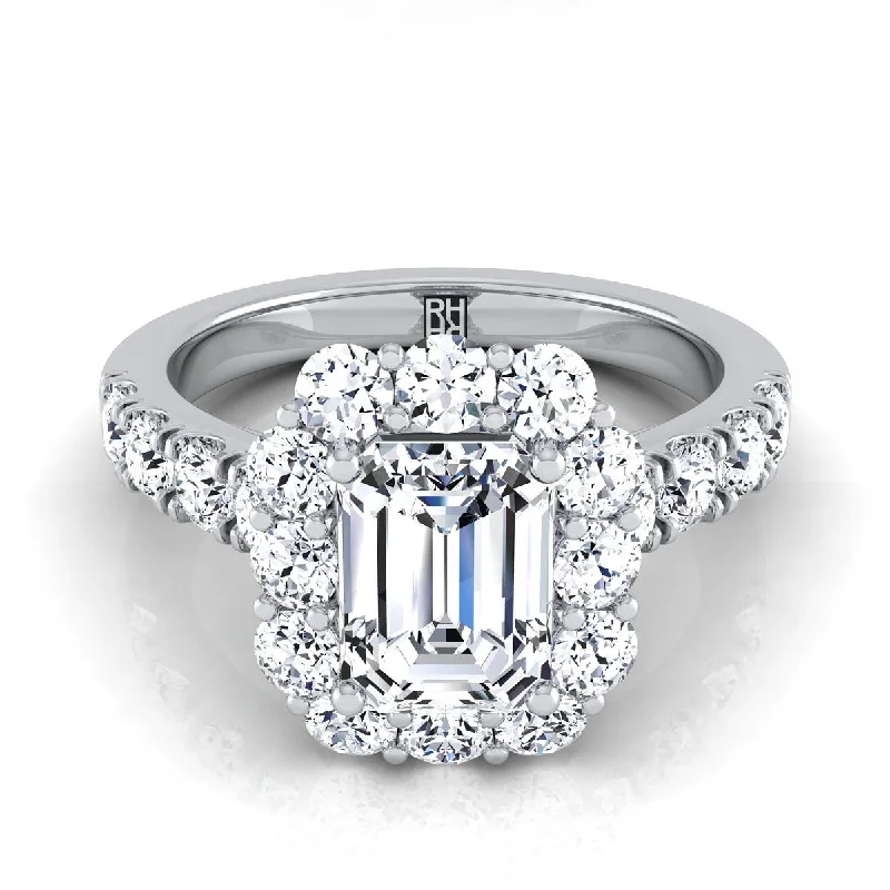 simple engagement rings for modern brides -18K White Gold Emerald Cut Diamond Luxe Style French Pave Halo Engagement Ring -1-1/10ctw