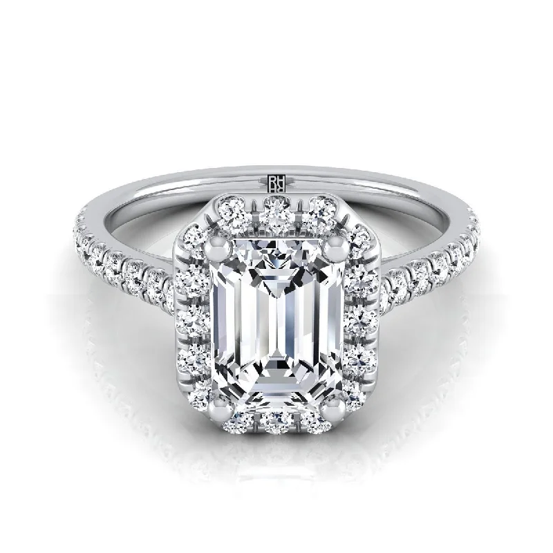 unique engagement rings with diamond accents -18K White Gold Emerald Cut Classic French Pave Halo and Linear Engagement Ring -3/8ctw