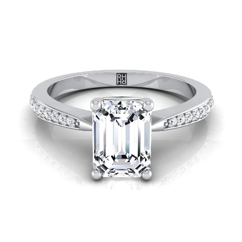 luxury rings with diamonds and sapphires for elegance -18K White Gold Emerald Cut Diamond Tapered Pave Engagement Ring -1/8ctw