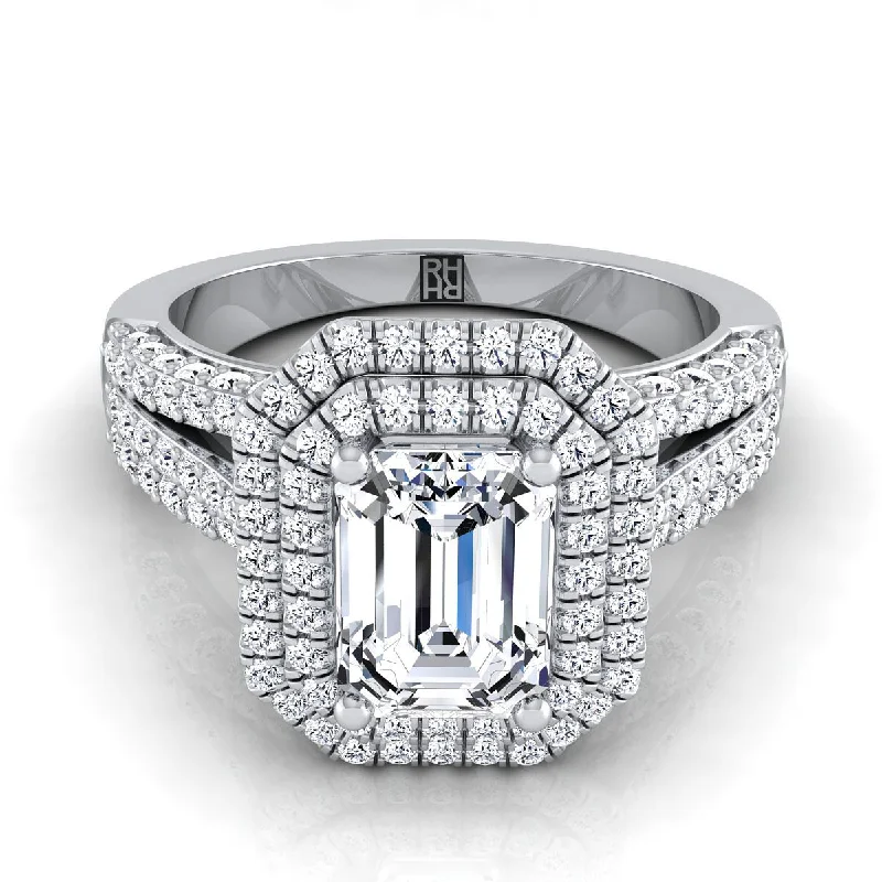 custom-made rings for meaningful proposals -18K White Gold Emerald Cut Extraordinary Three Tier Diamond Halo Crown Engagement Ring -7/8ctw