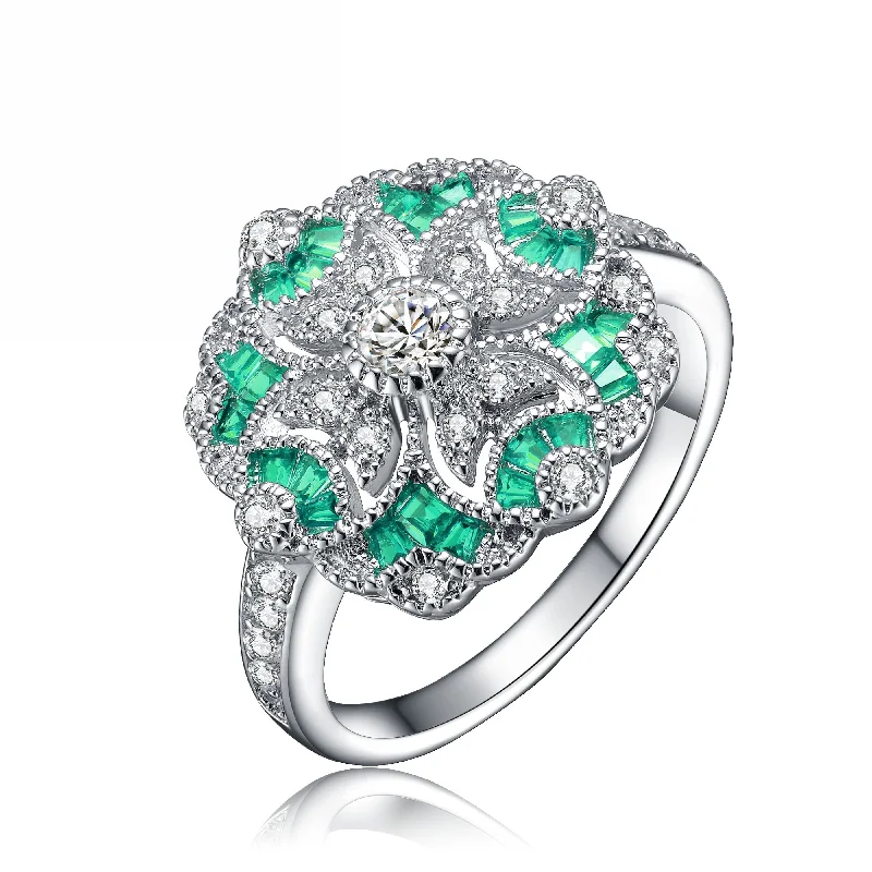 custom wedding rings for couples with matching designs -GENEVIVE Sterling Silver Emerald Cubic Zirconia Floral Cocktail Ring