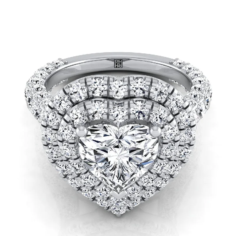 luxury engagement rings with round-cut diamonds -18K White Gold Heart Shape Center Diamond Bold and Fancy Double Halo French Pave Engagement Ring -2ctw