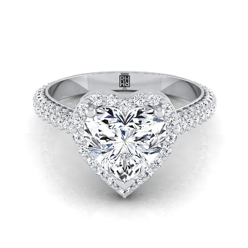 affordable rings for brides with diamond accents -18K White Gold Heart Shape Center Diamond Micro-Pavé Halo Engagement Ring -7/8ctw