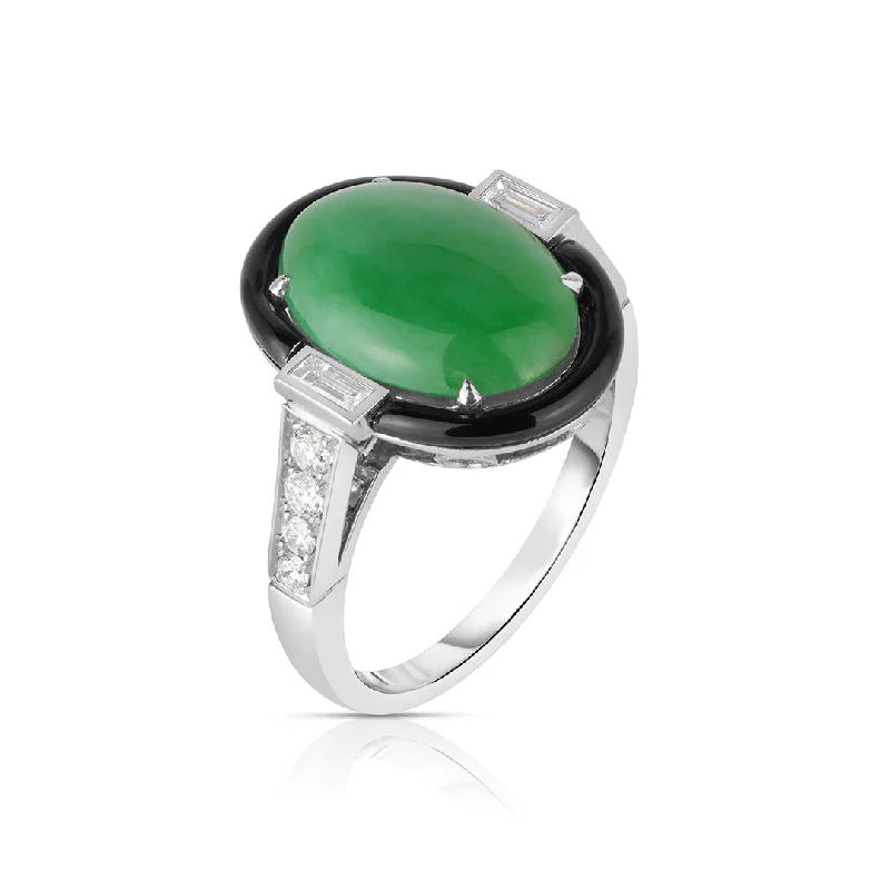 men’s rings with minimalist designs for modern style -Green Jade, Diamond & Black Enamel Ring