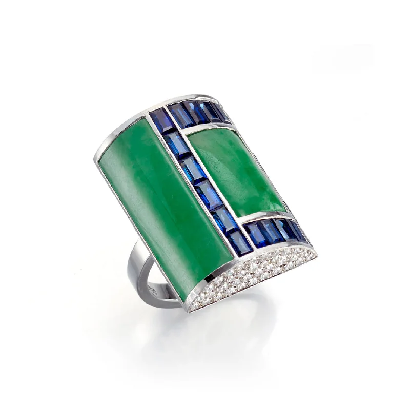 personalized wedding bands for meaningful moments -Green Jade, Sapphire & Diamond Ring