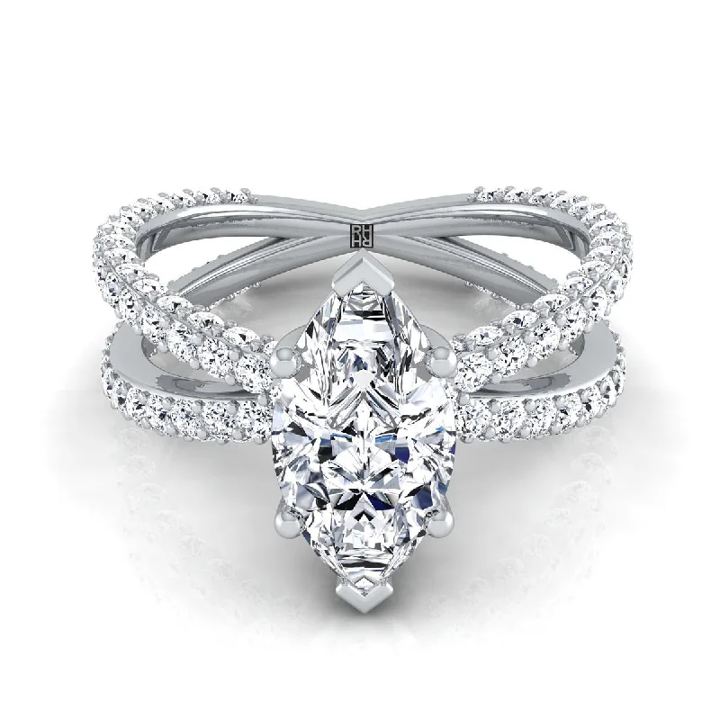 unique engagement rings with intricate settings for brides -18K White Gold Marquise  Open Diamond Pave Criss Cross Engagement Ring -1-1/3ctw