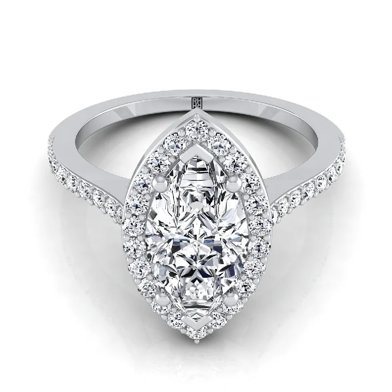 classic rings with round-cut diamonds for engagement -18K White Gold Marquise  Classic French Pave Diamond Halo and Linear Engagement Ring -1/3ctw