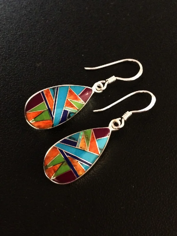 luxurious gemstone earrings for evening wear-Multistone Inlay Teardrop Dangles