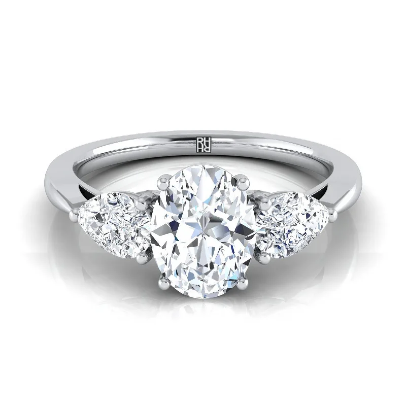 timeless wedding rings with simple, elegant designs -18K White Gold Oval Diamond Perfectly Matched Pear Shaped Three Diamond Engagement Ring -7/8ctw