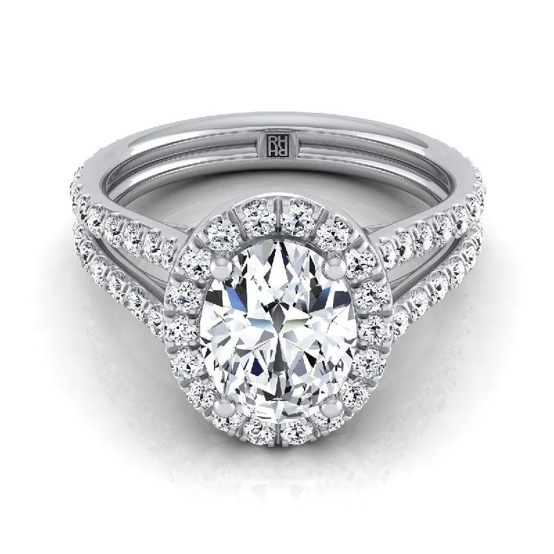 affordable engagement rings for modern brides -18K White Gold Oval Diamond Halo Two Row Pavé Split Shank Engagement Ring -7/8ctw