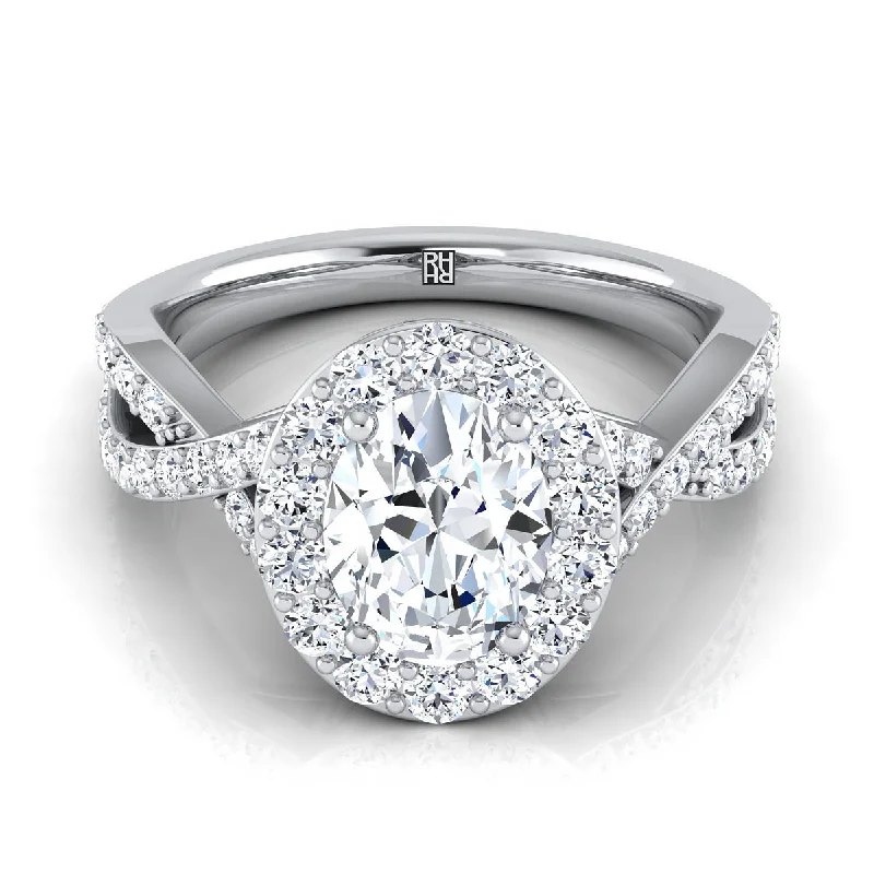 timeless engagement rings with cushion-cut diamonds -18K White Gold Oval Twisted Open Lattice Diamond Halo Engagement Ring -3/4ctw