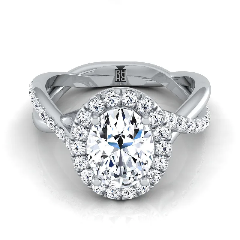 luxurious engagement rings with radiant-cut diamonds -18K White Gold Oval Diamond Twisted Vine Halo Engagement Ring -1/2ctw