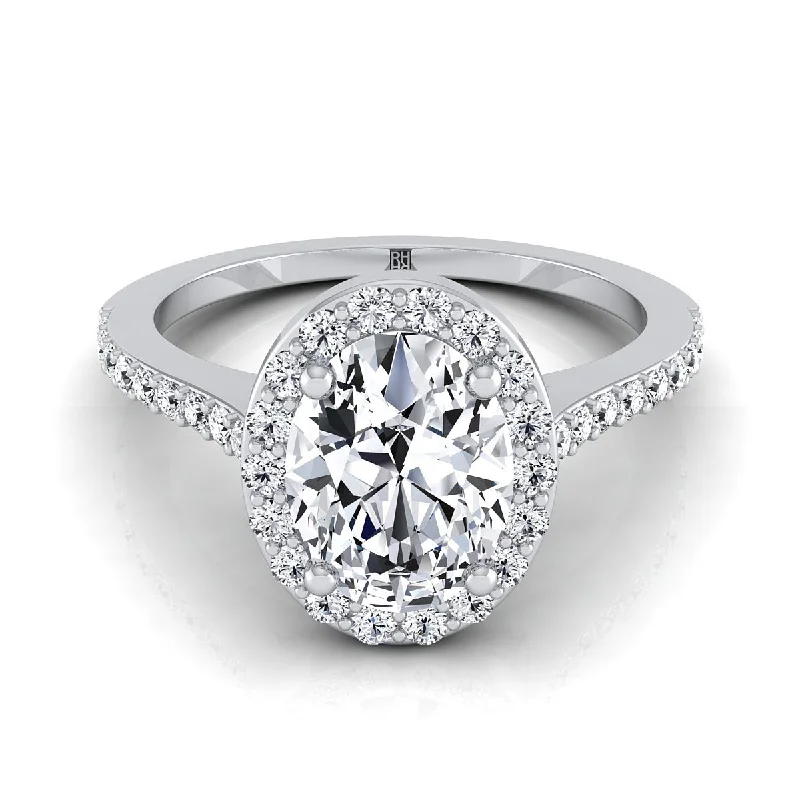 stackable engagement rings for unique brides -18K White Gold Oval Classic French Pave Diamond Halo and Linear Engagement Ring -1/3ctw