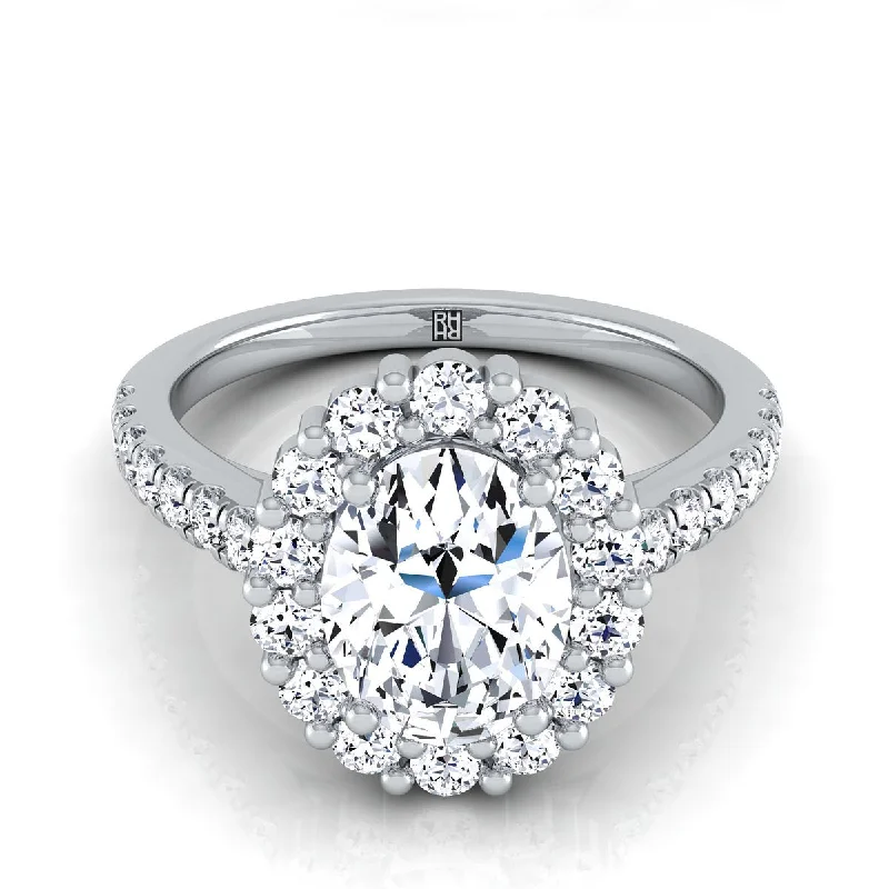 trendy rings with floral designs for women -18K White Gold Oval Diamond Shared Prong Halo Engagement Ring -5/8ctw