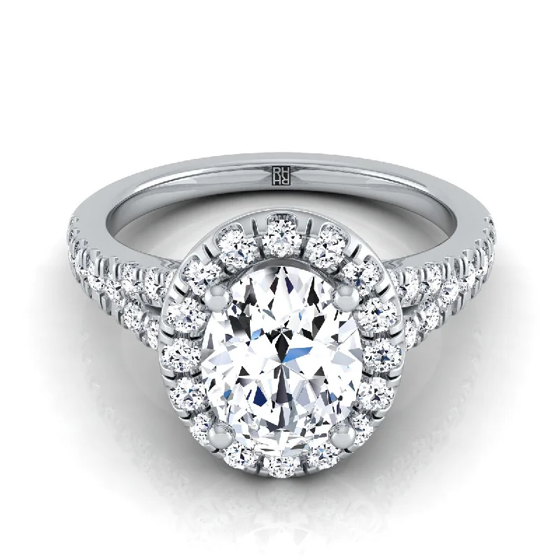 affordable rings with customized engraving -18K White Gold Oval Diamond Simple Prong Halo with Petite Split Shank Pave Engagement Ring -1/2ctw