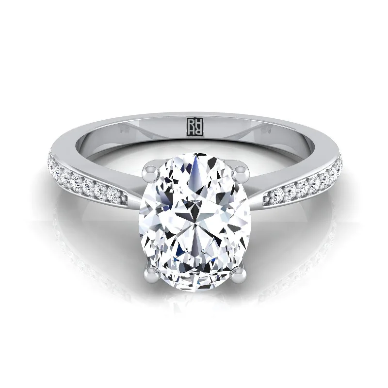 custom-designed wedding bands with matching diamonds -18K White Gold Oval Diamond Tapered Pave Engagement Ring -1/8ctw