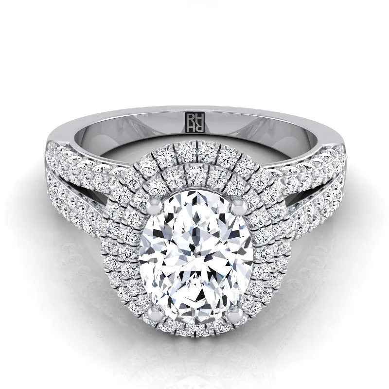 men’s engagement rings with diamond solitaires -18K White Gold Oval Extraordinary Three Tier Diamond Halo Crown Engagement Ring -7/8ctw