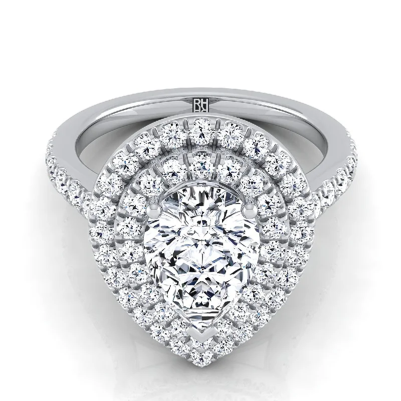 custom engagement rings with heart-shaped diamonds -18K White Gold Pear Shape Center Double Pave Halo with Linear Diamond Engagement Ring -7/8ctw