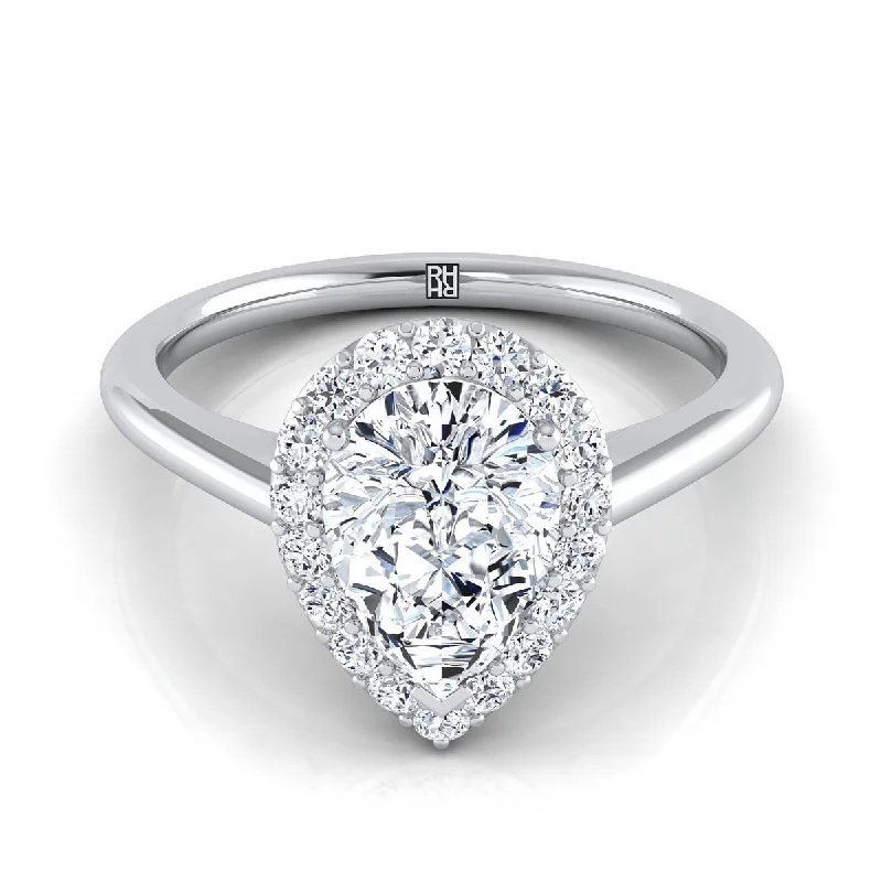 elegant engagement rings with oval-cut diamonds -18K White Gold Pear Shape Center Diamond Shared Prong Halo Engagement Ring -1/4ctw