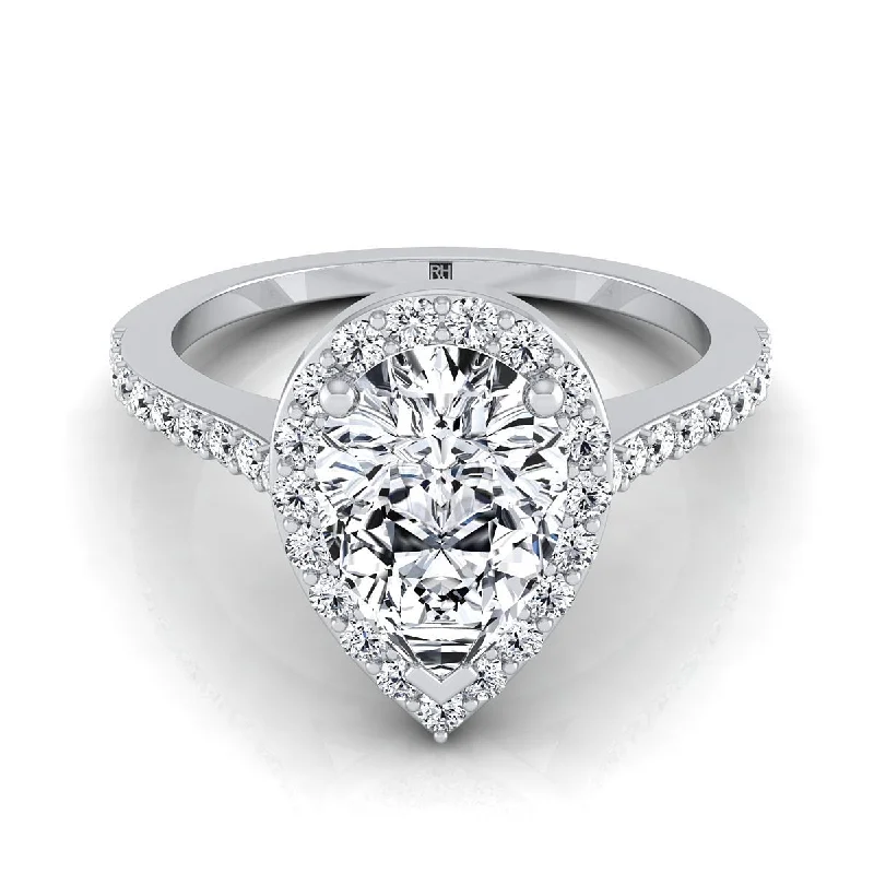 unique men’s engagement rings with modern settings -18K White Gold Pear Shape Center Classic French Pave Diamond Halo and Linear Engagement Ring -1/3ctw