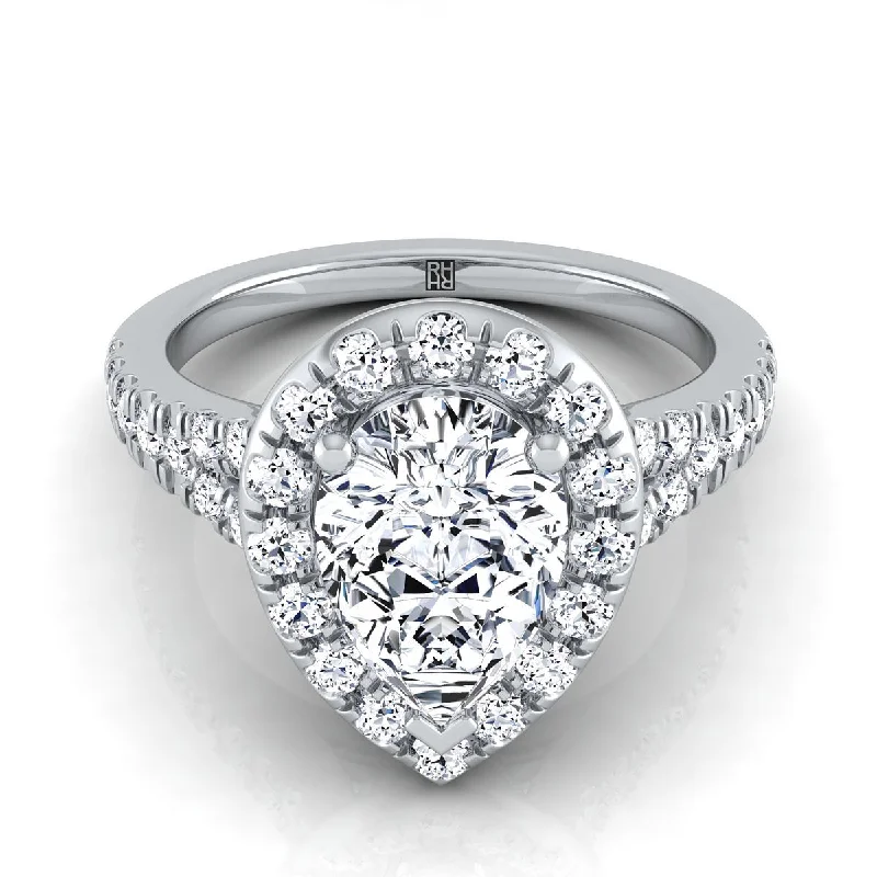 elegant engagement rings with pear-shaped diamonds -18K White Gold Pear Shape Center Diamond Simple Prong Halo with Petite Split Shank Pave Engagement Ring -1/2ctw