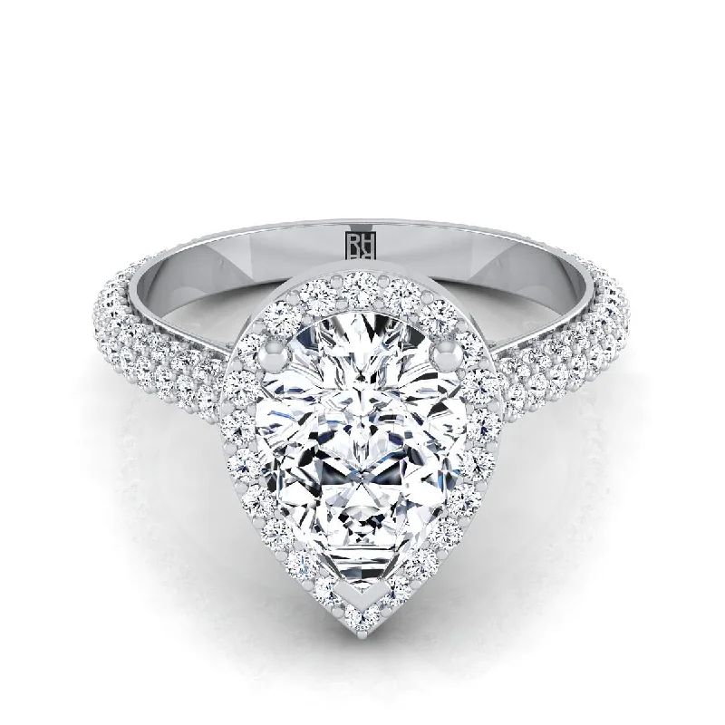 classic engagement rings with diamond centerpieces -18K White Gold Pear Shape Center Diamond Micro-Pavé Halo Engagement Ring -7/8ctw