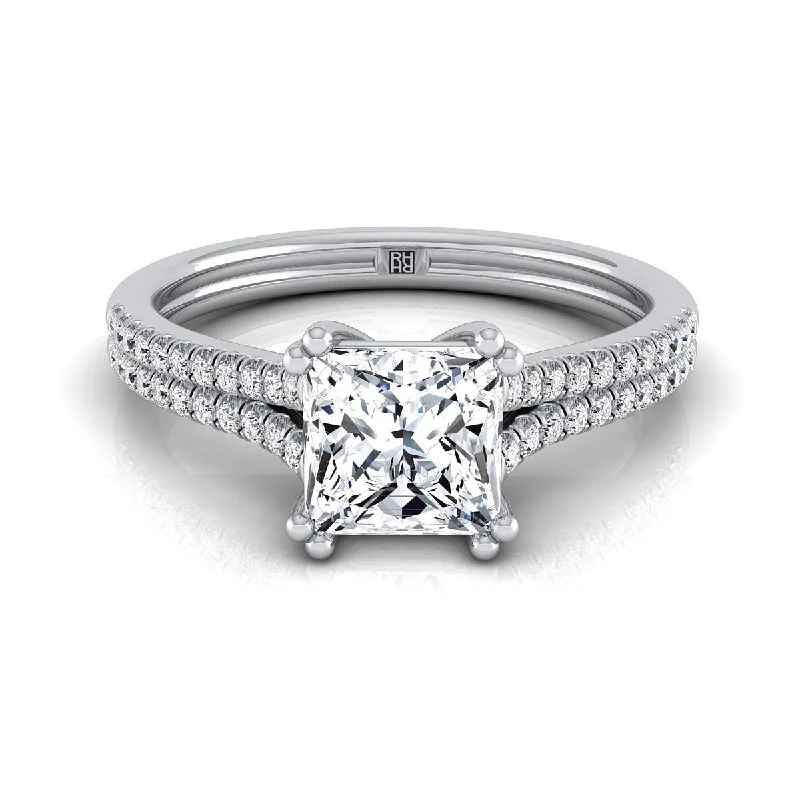 timeless engagement rings with radiant centerstones -18K White Gold Princess Cut Diamond Double Row Double Prong French Pave Engagement Ring -1/6ctw