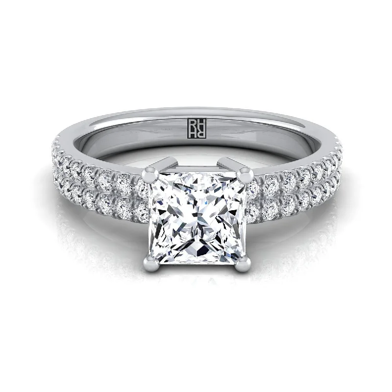 affordable wedding rings with cubic zirconia stones -18K White Gold Princess Cut Diamond Double Pave Row Engagement Ring -1/4ctw