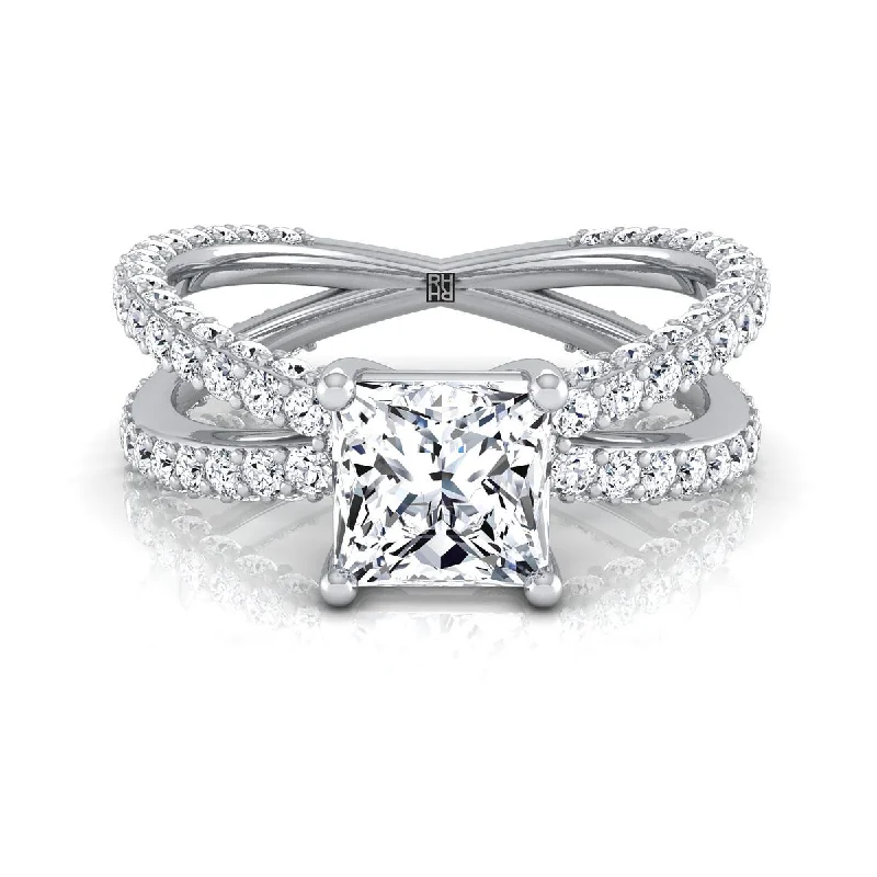 affordable engagement rings for brides -18K White Gold Princess Cut Open Diamond Pave Criss Cross Engagement Ring -1-1/3ctw