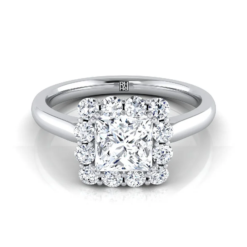 diamond engagement rings with round stones -18K White Gold Princess Cut Diamond Floral Halo Engagement Ring -1/3ctw